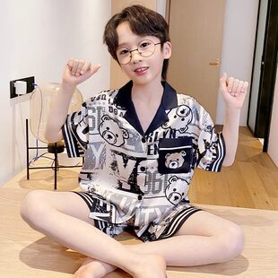 法国Uamtor男童睡衣夏季冰丝薄款短袖2025新款青少年家居服两件套