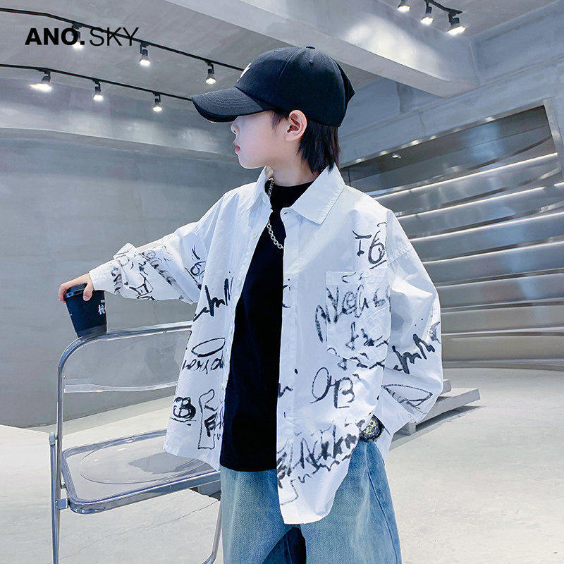 韩国AS品牌正品男童秋装涂鸦长袖白衬衫2025新款儿童帅气衬衣外套