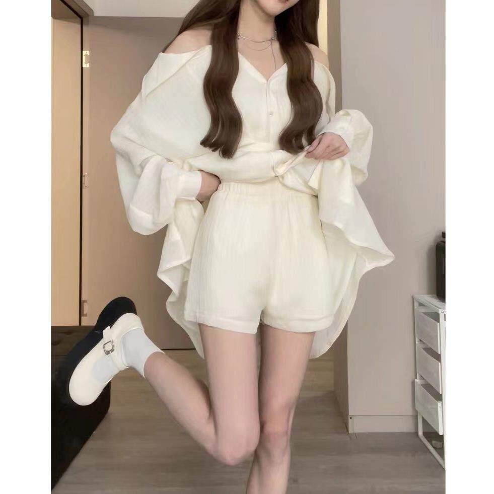 时尚套装新款韩版设计感露肩显瘦裙子套装女上衣百搭短裤两件套潮