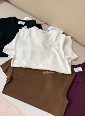 气质优雅 美丽奴羊毛J家18针坑条修身套头针织短袖上衣76320