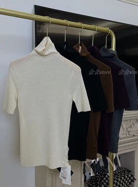 J家新款18针一体成型美丽奴羊毛堆堆高领修身知性针织短袖26602