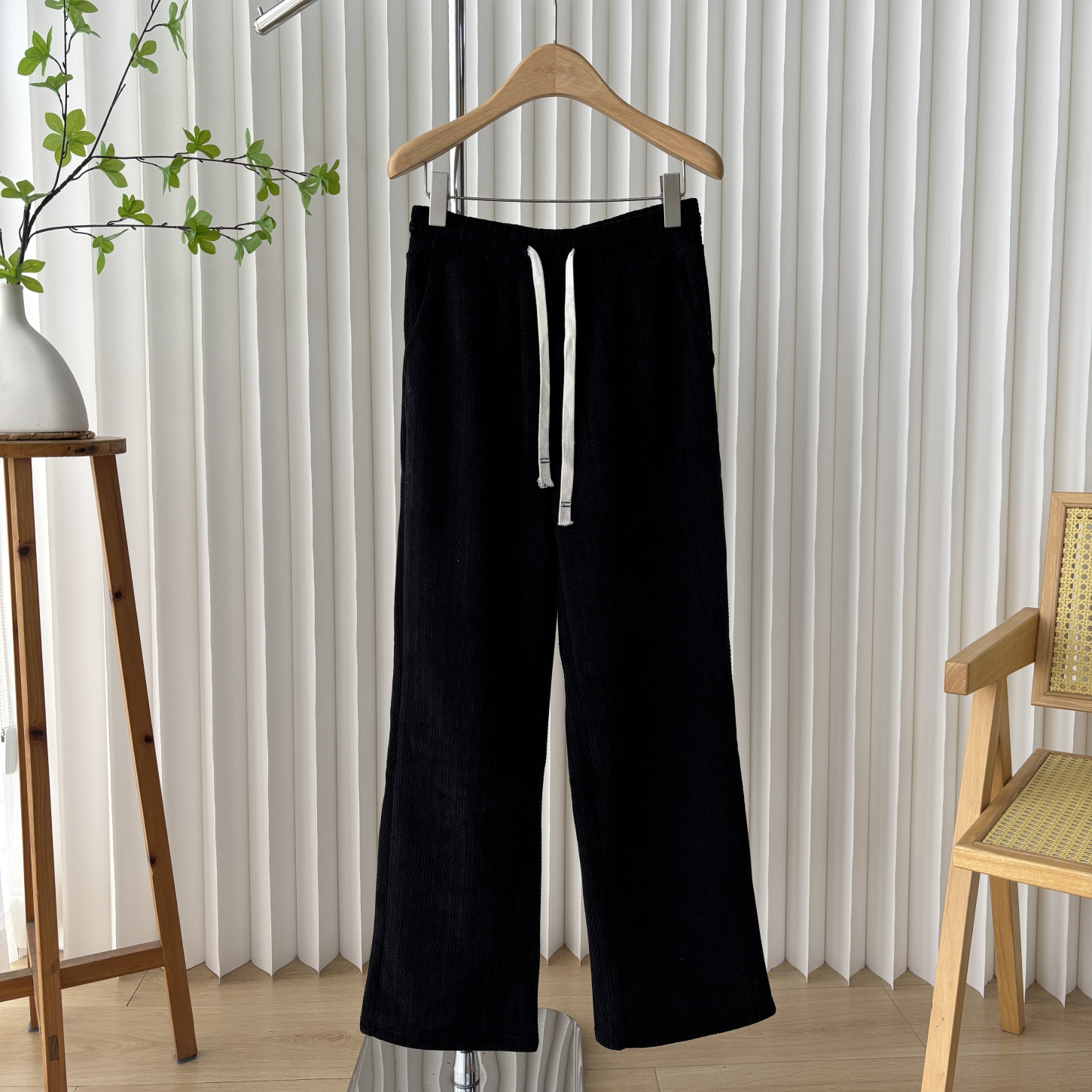 秋季新款时尚百搭松紧腰系绳显瘦竖条休闲直筒裤2L/000748