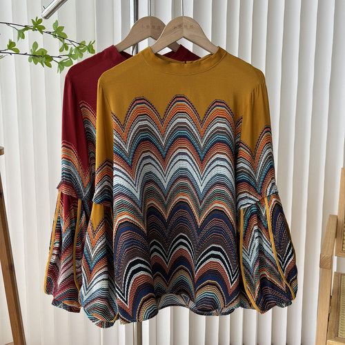 桑蚕丝 夏装女 波浪纹圆领套头真丝丝绸衬衫上衣18E3/75337