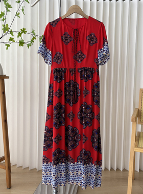 桑蚕丝  夏季新款时尚系带小V领撞色印花真丝连衣裙12G1/75935