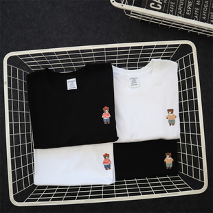 夏季百搭可爱小熊刺绣纯棉短袖体恤简约学生情侣款短袖T恤男女tee