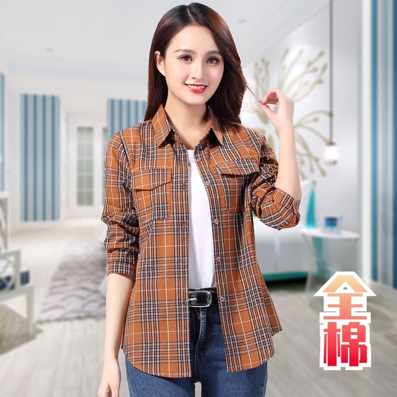 纯棉长袖修身格子衬衫女图片