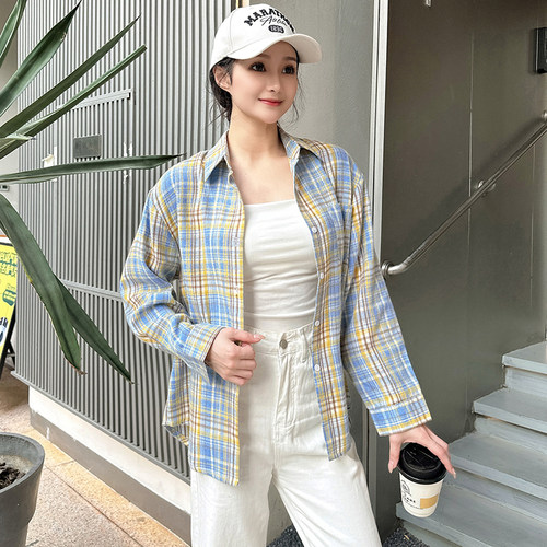 雅格红宽松格子衬衫女长袖