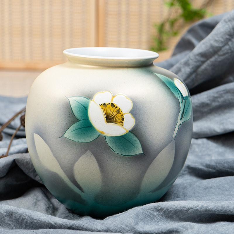 日本进口陶瓷器山茶花赤椿花瓶