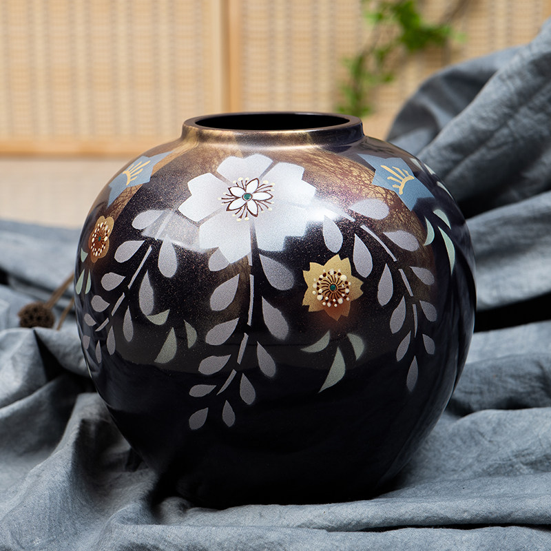 有谷窑原装进口九谷烧作家手绘花瓶花纹小口插花器摆件（木盒装）