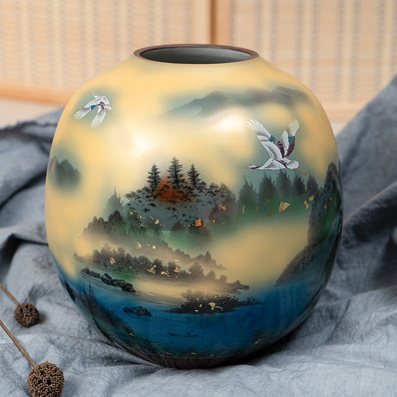 有谷窑原装进口九谷烧陶瓷器花瓶金箔山水家居日式摆件开业礼物
