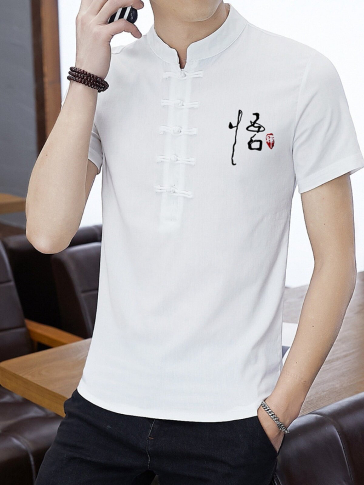 SUMMER MENS COTTON AND LINEN SHORT SLEEVE STAND COLLAR WHITE DISC BUCKLE TANG DRESS YOUTH LINEN LOOSE LARGE SIZE T-SHIRT EMBROIDERED HANFU