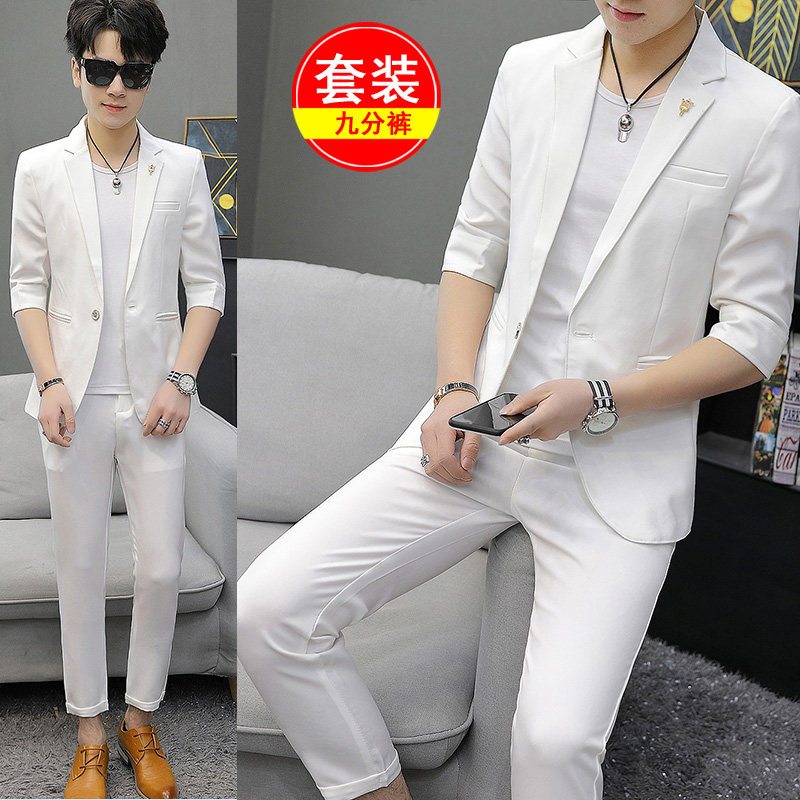 PURE WHITE SUIT SUIT MENS SMALL SUIT HANDSOME JACKET CASUAL TROUSERS DRESS A TWO-PIECE SET