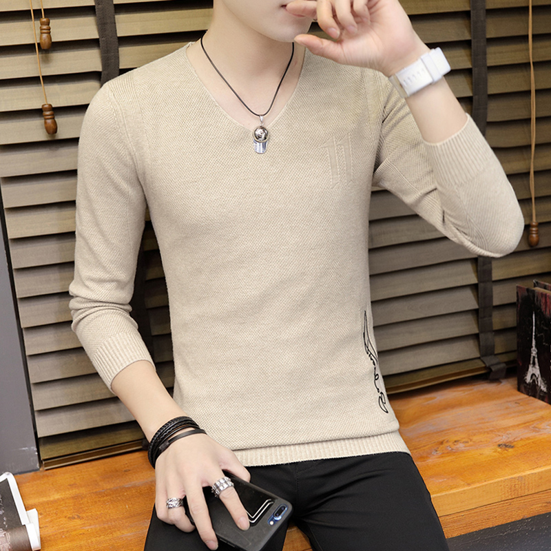 秋冬毛衣男士V领潮流韩版修身打底衫款长袖针织体恤纯色线衣0918e