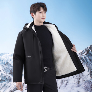 羊皮毛一体棉袄纯羊毛内胆保暖防风寒连帽外套中老年男士真皮皮衣