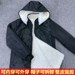 澳洲原生态真皮毛一体棉袄男整皮纯羊毛内胆宽松连帽外套机车皮衣