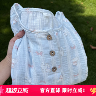 米图A类婴儿棉100%纯棉纱家居服少女甜美睡衣短袖 长睡裙夏季 薄款