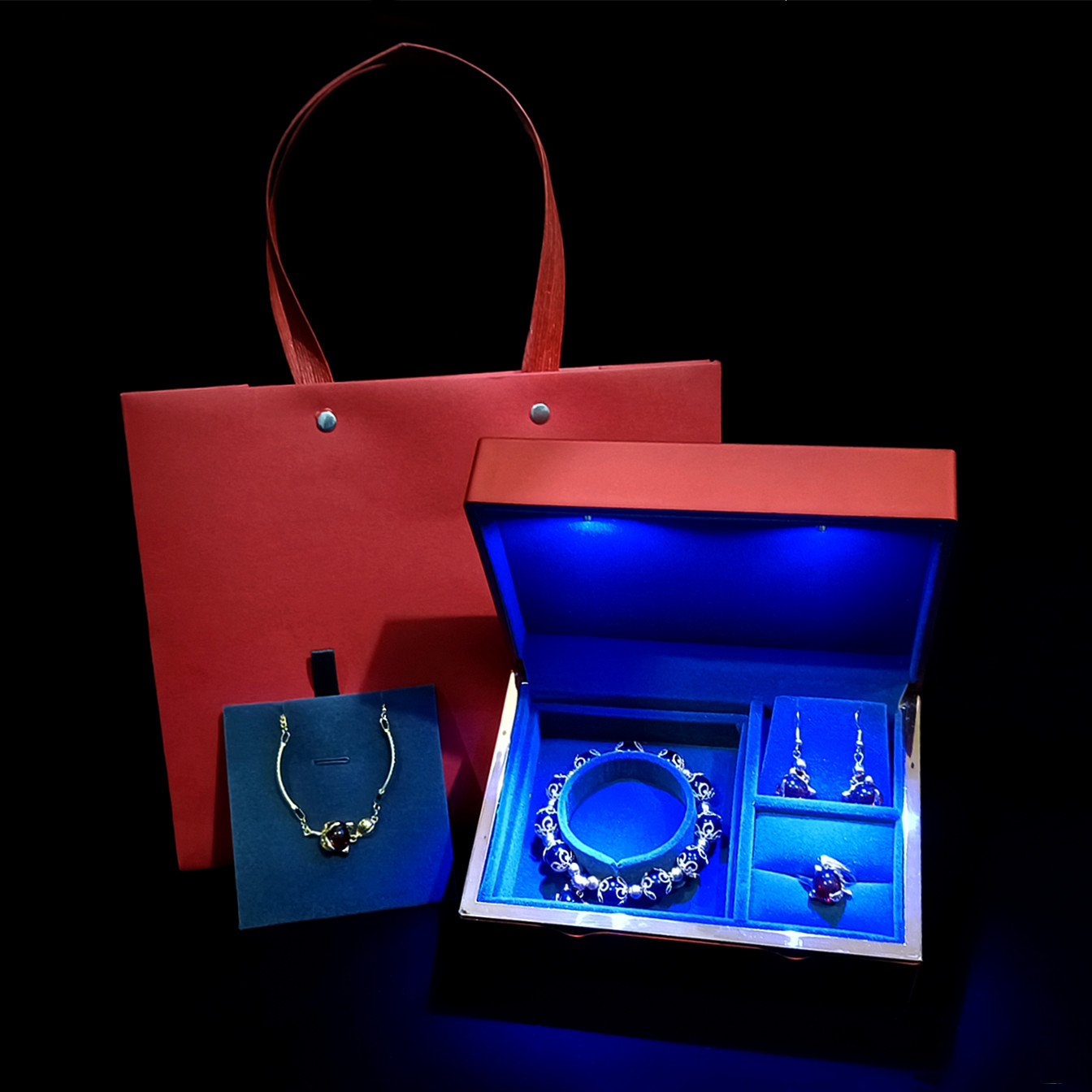 高档LED灯四金首饰收纳套装盒子