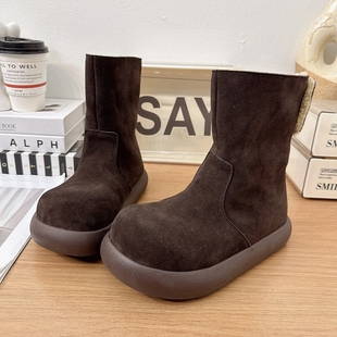 2025冬季新款磨砂真皮大头雪地靴女加绒保暖厚底后搭扣勃肯棉靴子