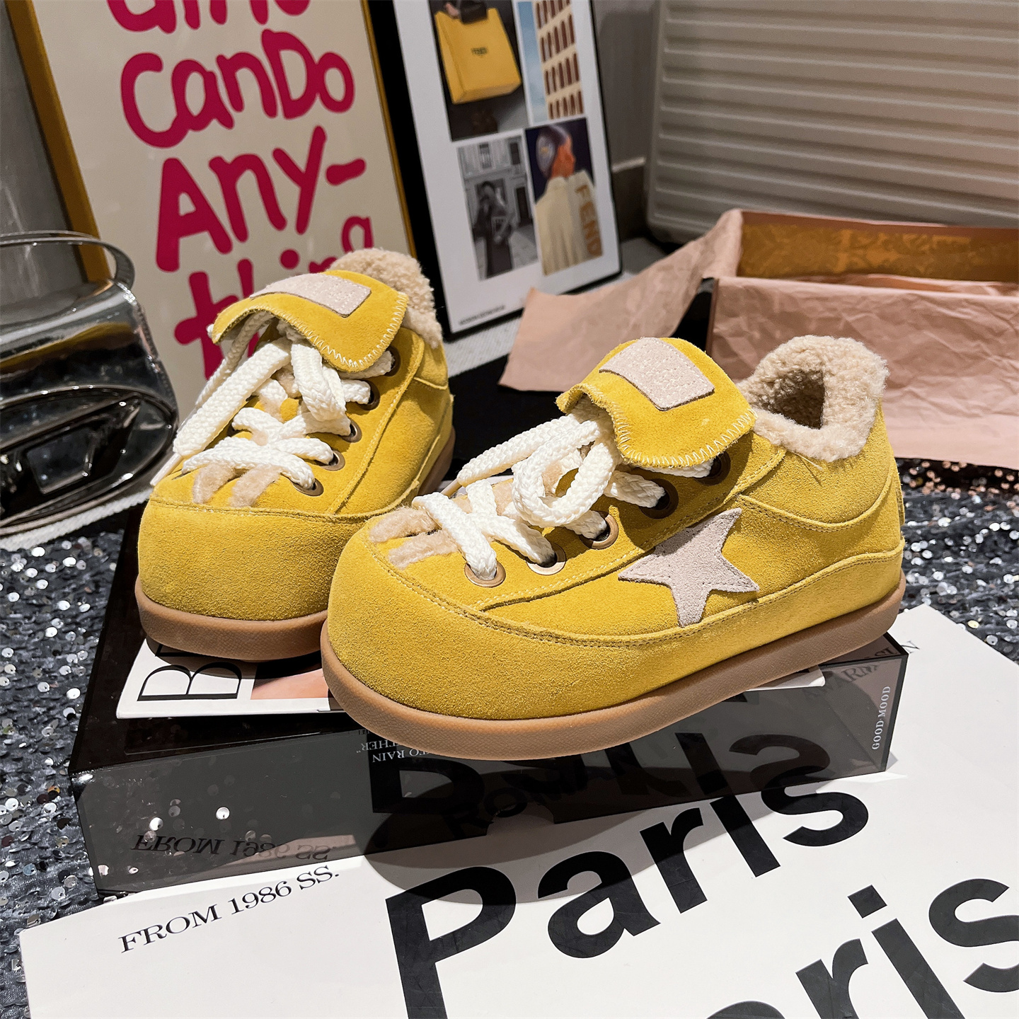 真皮羊羔毛毛鞋卡皮巴拉翻领面包鞋厚底松糕星星加绒棉鞋厚底女鞋