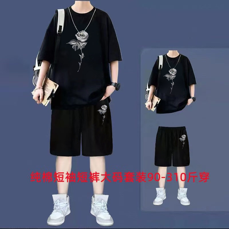 大码套装男士夏装圆领短袖青少年休闲运动套装