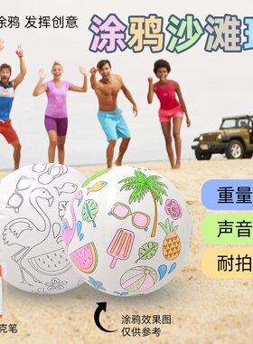 DIY充气户外沙滩球涂鸦球30cm彩色绘画球运动戏水球儿童玩具球