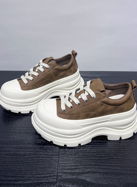 2025秋季新款小个子7cm轻便厚底真皮休闲英伦风时尚女百搭松糕鞋