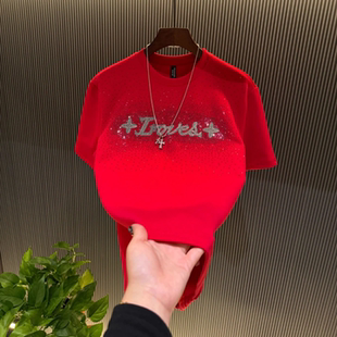 鸿运当头新年限定短袖 烫钻字母潮牌男士 T恤 新款 打底半袖 冬季