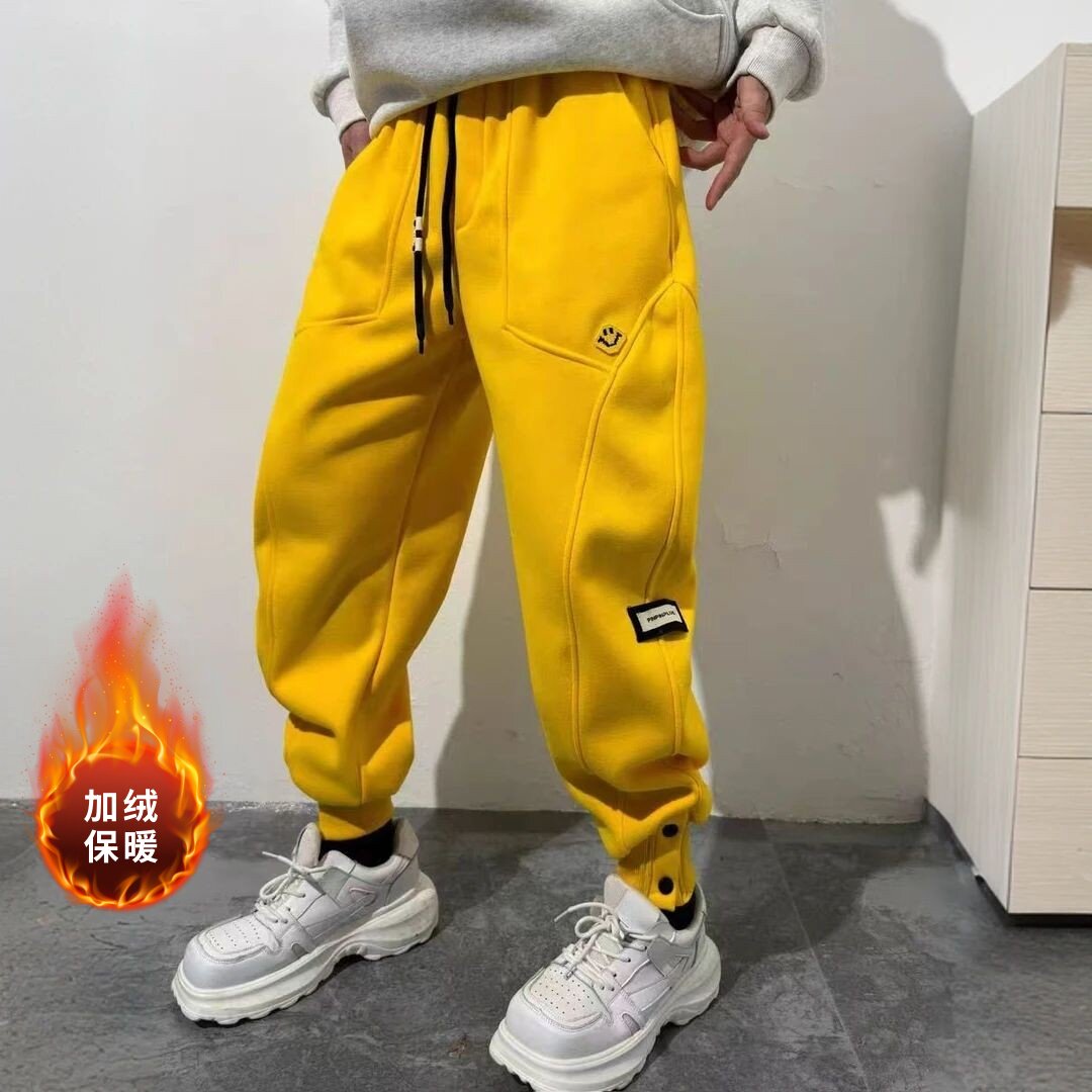 秋季新款男士加绒保暖休闲裤立体剪裁百搭时尚个性笑脸潮流束脚裤