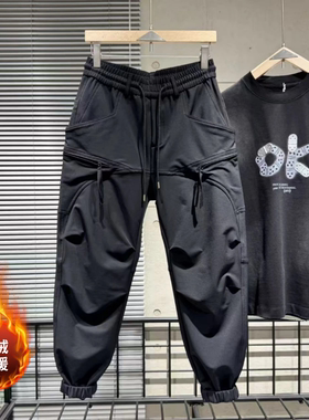 冬季新款加绒潮流休闲裤男百搭高品质韩版束脚裤轻奢小众设计长裤