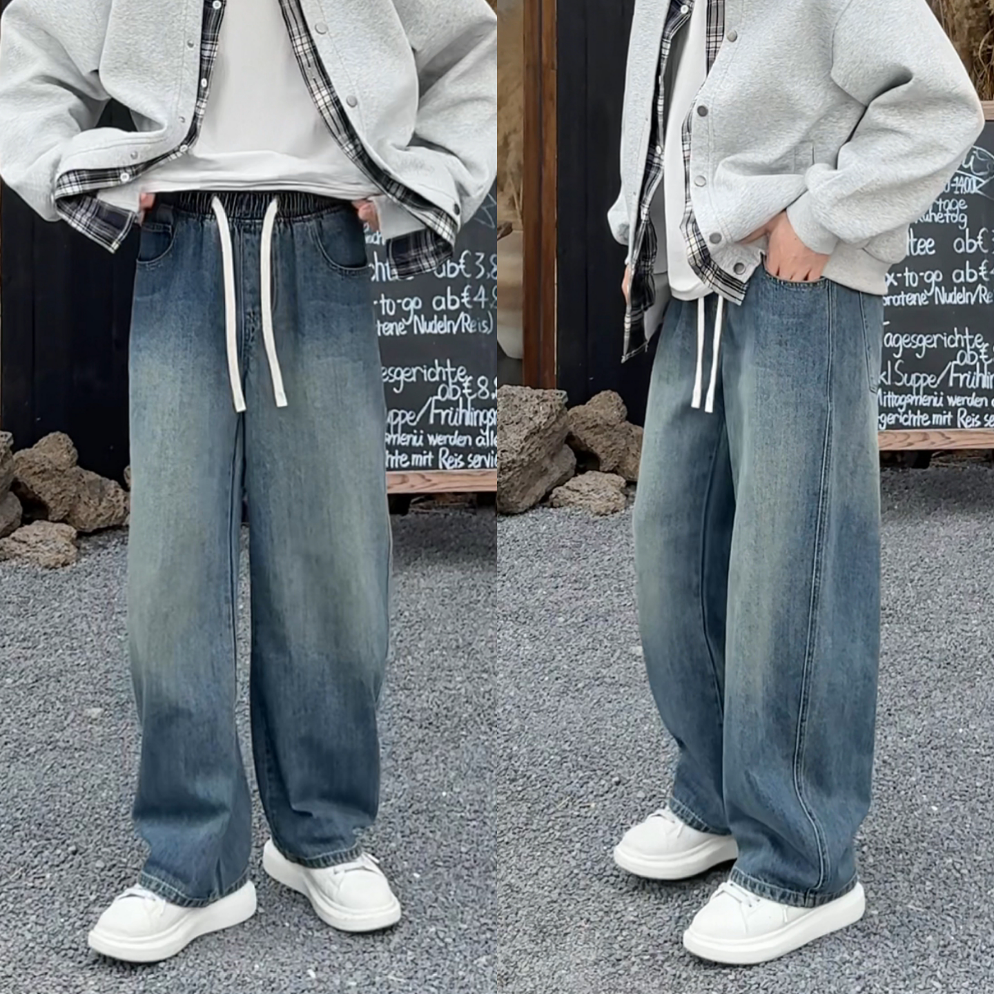 韩系ins简约百搭抽绳牛仔裤春季新款男士时尚潮流净版直筒休闲裤