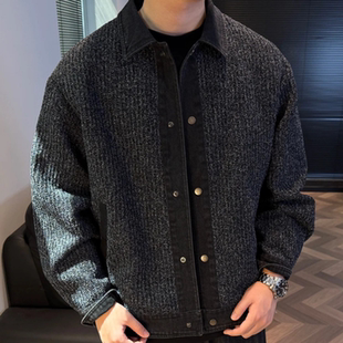 潮流帅气男款 牛仔拼接翻领保暖夹克秋季 外套 小香风设计款 秋冬新款