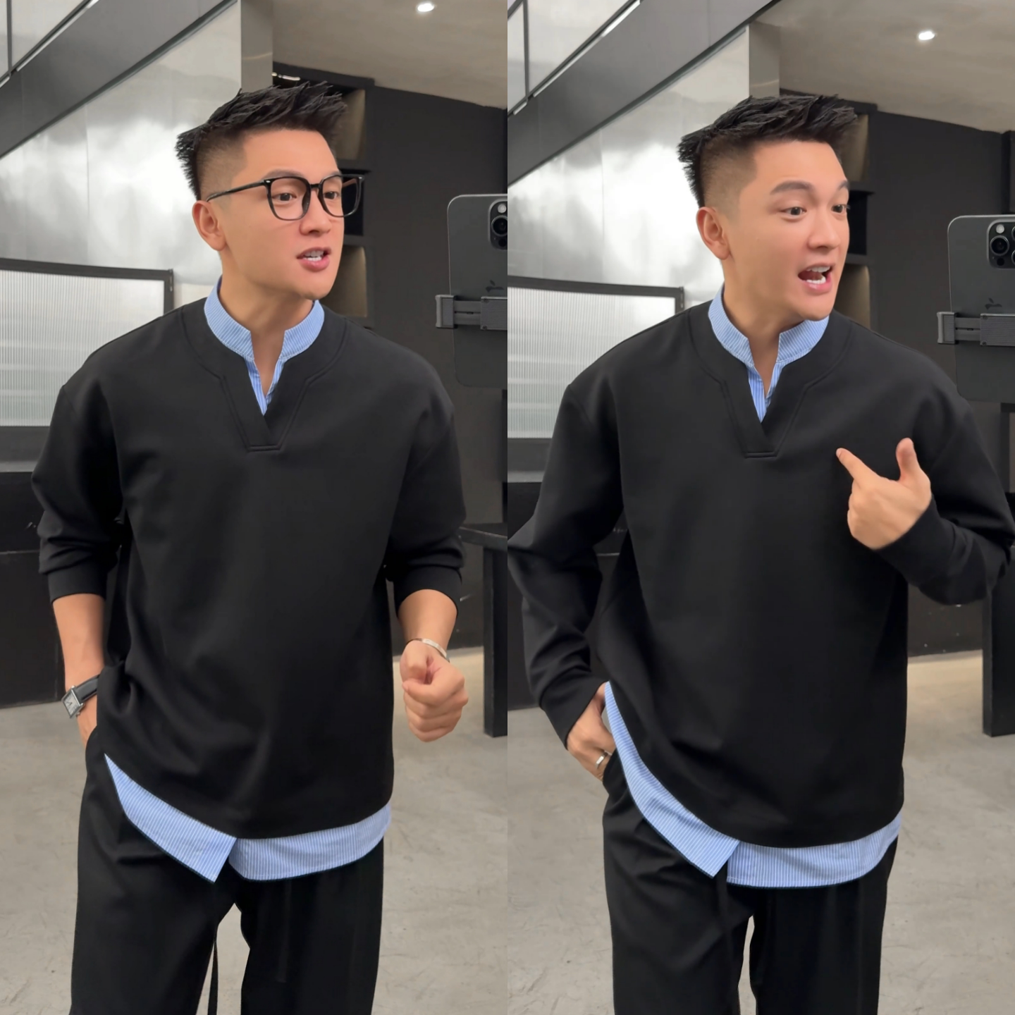 假两件条纹拼接长袖上衣卫衣男士
