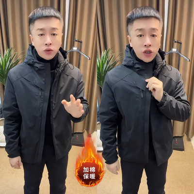 户外男士加棉连帽夹克冬季新款欧货轻奢风商务百搭防风棉服外套潮