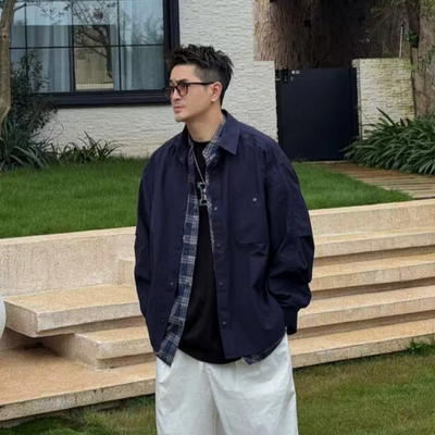 秋季新款假两件格子衬衫外套男女