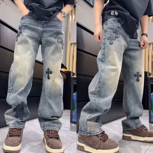 潮牌十字花牛仔裤冬季上新男士时尚直筒长裤微弯刀做旧洗水阔腿裤