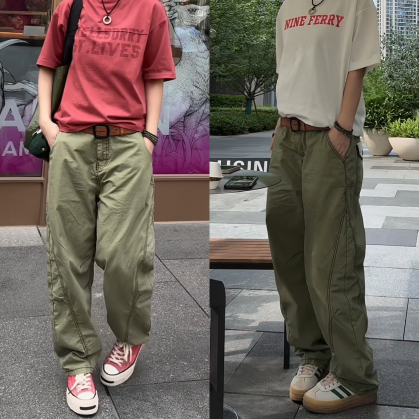 翻盖口袋宽松浅军绿小弯刀工装裤