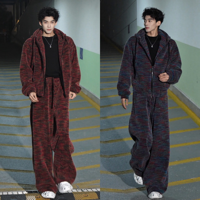 美式复古撞色连帽男冬季加绒套装