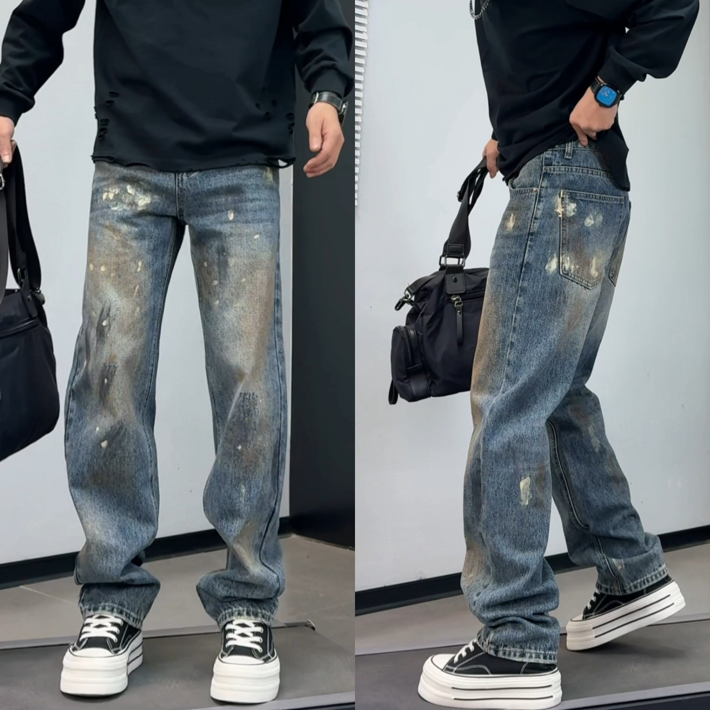 美式复古涂鸦做旧直筒牛仔裤男士冬季上新潮牌高街风水洗休闲裤潮