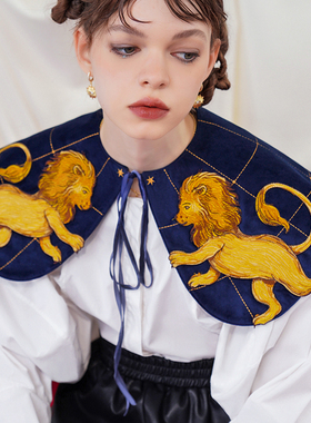 咖沫原创秋冬新款威尼斯守护神狮子座丝绒假领刺绣配饰搭肩斗篷