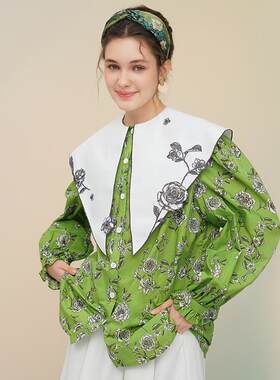 咖沫新中式国风刺绣大圆领上衣
