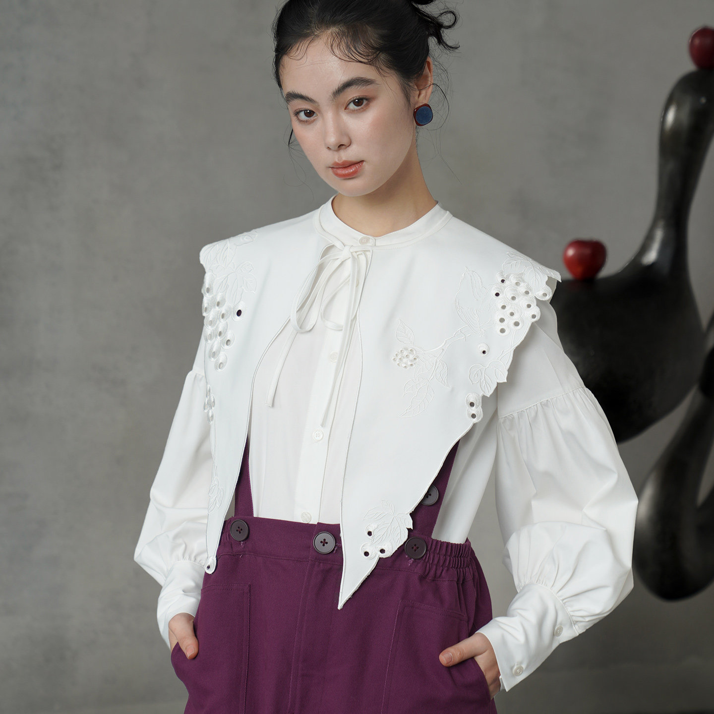 咖沫原创白色复古公主袖衬衫女长袖刺绣上衣2026春夏通勤假领子