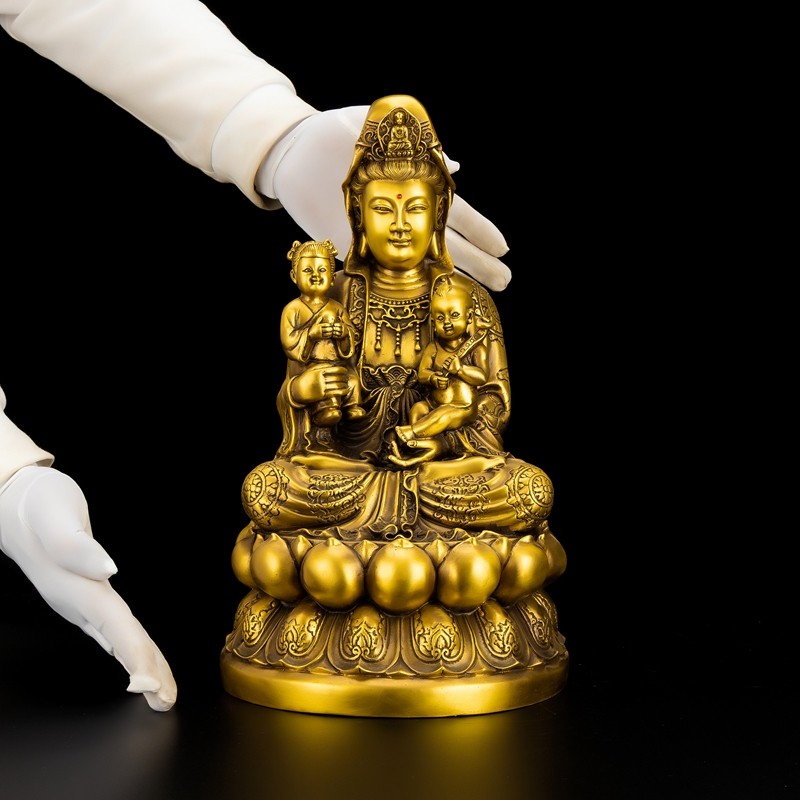 送子观音摆件纯铜坐莲花观世音娘娘佛像大号家用客厅门店佛堂神像