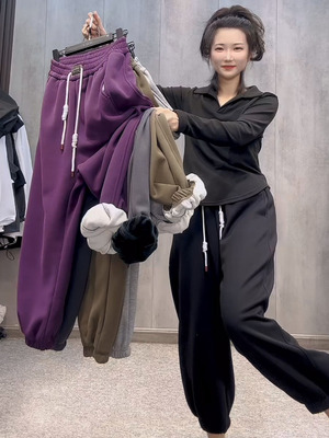 欧货新款加绒卫裤抽绳加厚哈伦裤