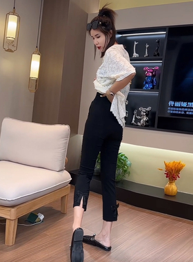 欧货后开叉蝴蝶结纸皮裤女夏薄款高腰显瘦弹力直筒裤子速干面膜裤