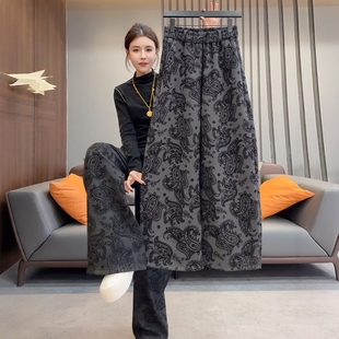 女宽松显瘦垂感百搭拖地裤 欧货2025秋冬新款 复古腰果花加绒阔腿裤