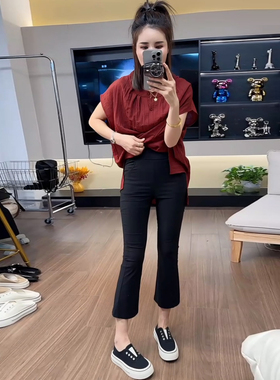 欧货薄款微喇裤面膜裤女夏高腰显瘦弹力黑色烟管裤速干八分纸皮裤