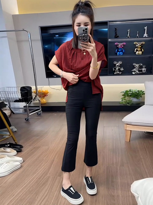 欧货八分微喇叭裤面膜裤纸皮裤女