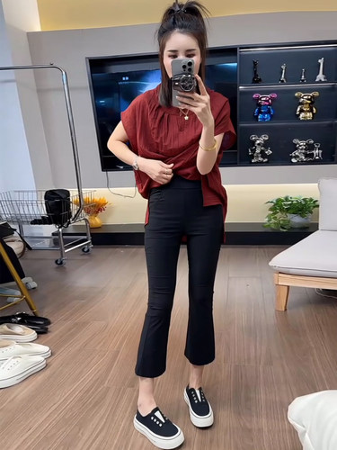 欧货八分微喇叭裤面膜裤纸皮裤女