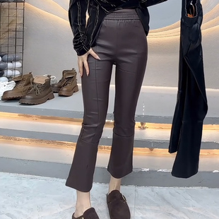 仿皮裤 女高腰弹力显瘦休闲直筒烟管裤 秋冬涂层皮裤 欧洲站2025新款
