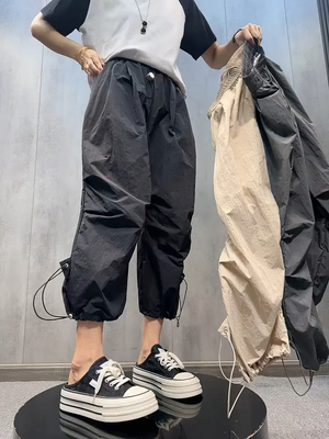 欧货薄款宽松百搭速干抽绳工装裤